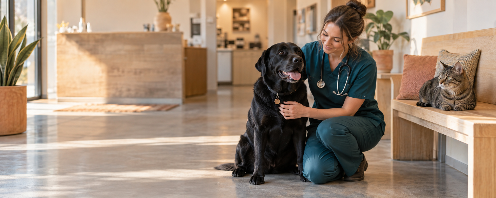 Veterinarian caring for a black Labrador alongside a relaxed cat
