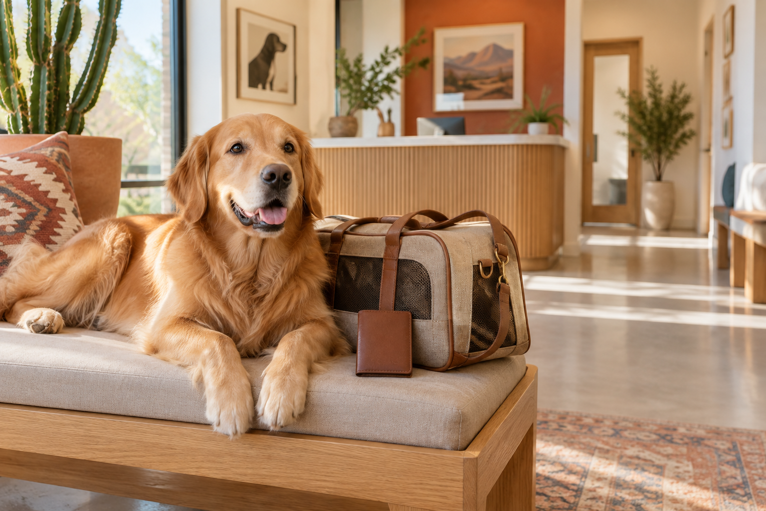 Golden retriever ready for travel at a veterinary clinic